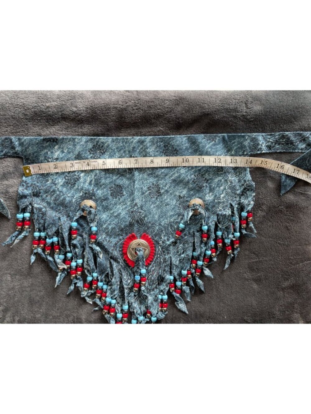 Western-Style Denim Print Bandana With Red & Blue Beaded Fringe & Concho Accents - Picture 4 of 5